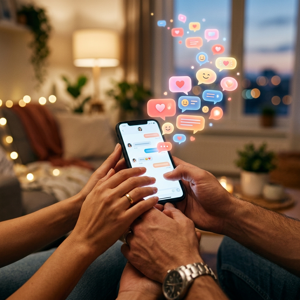 Hands holding a smartphone with floating chat bubbles indicating romantic connection