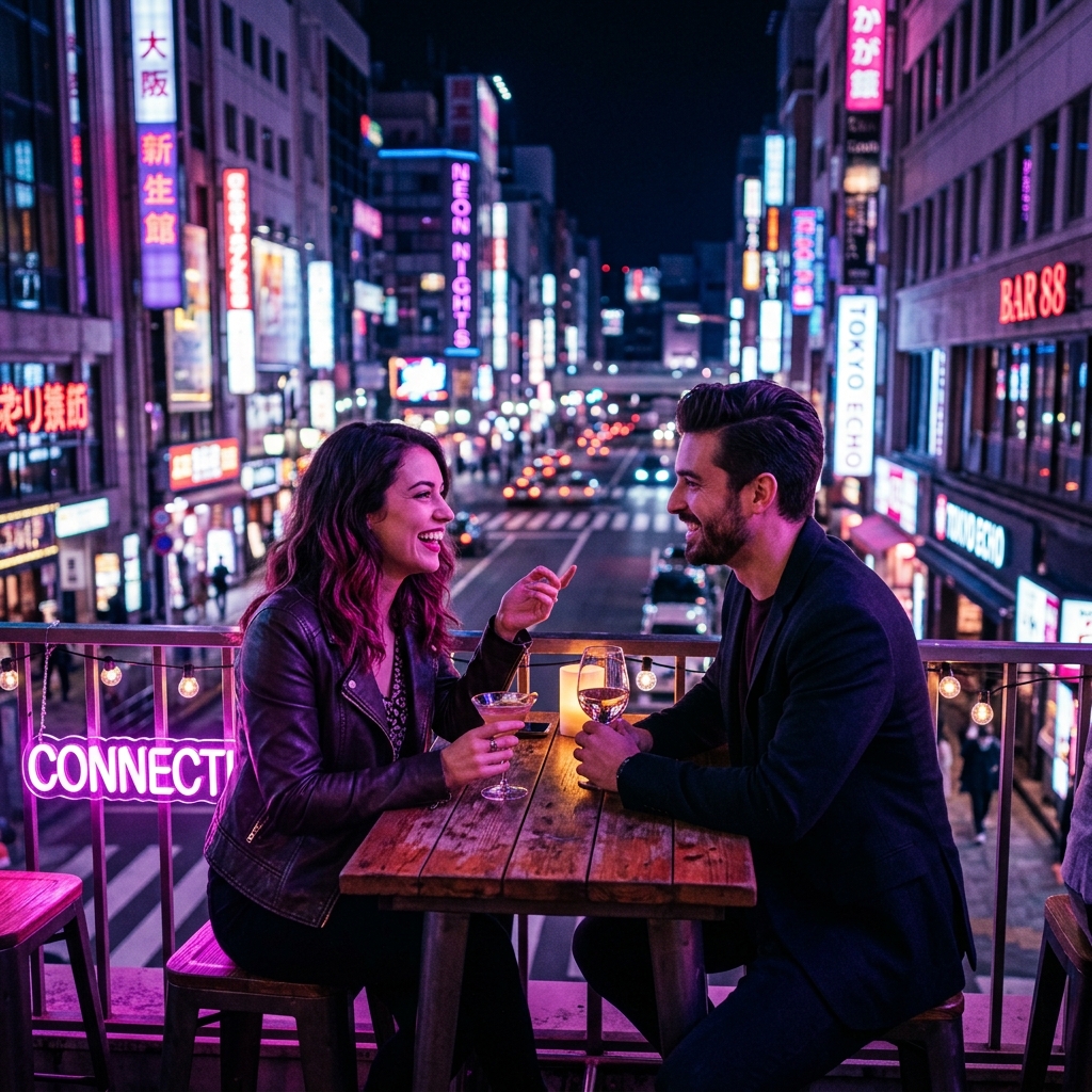 Two attractive people laughing together at a neon lit rooftop bar