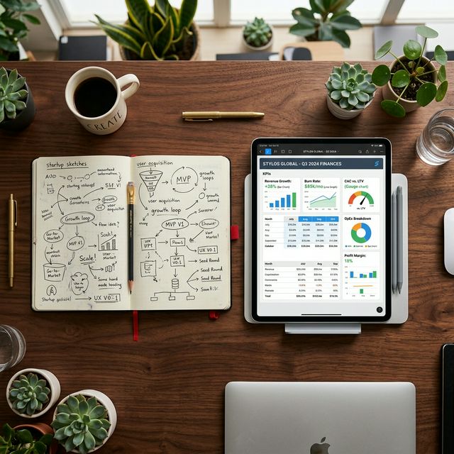 A cinematic view of complex architectural blueprints transforming into a glowing, simple, elegant concept — the visual metaphor of turning technical complexity into compelling clarity.