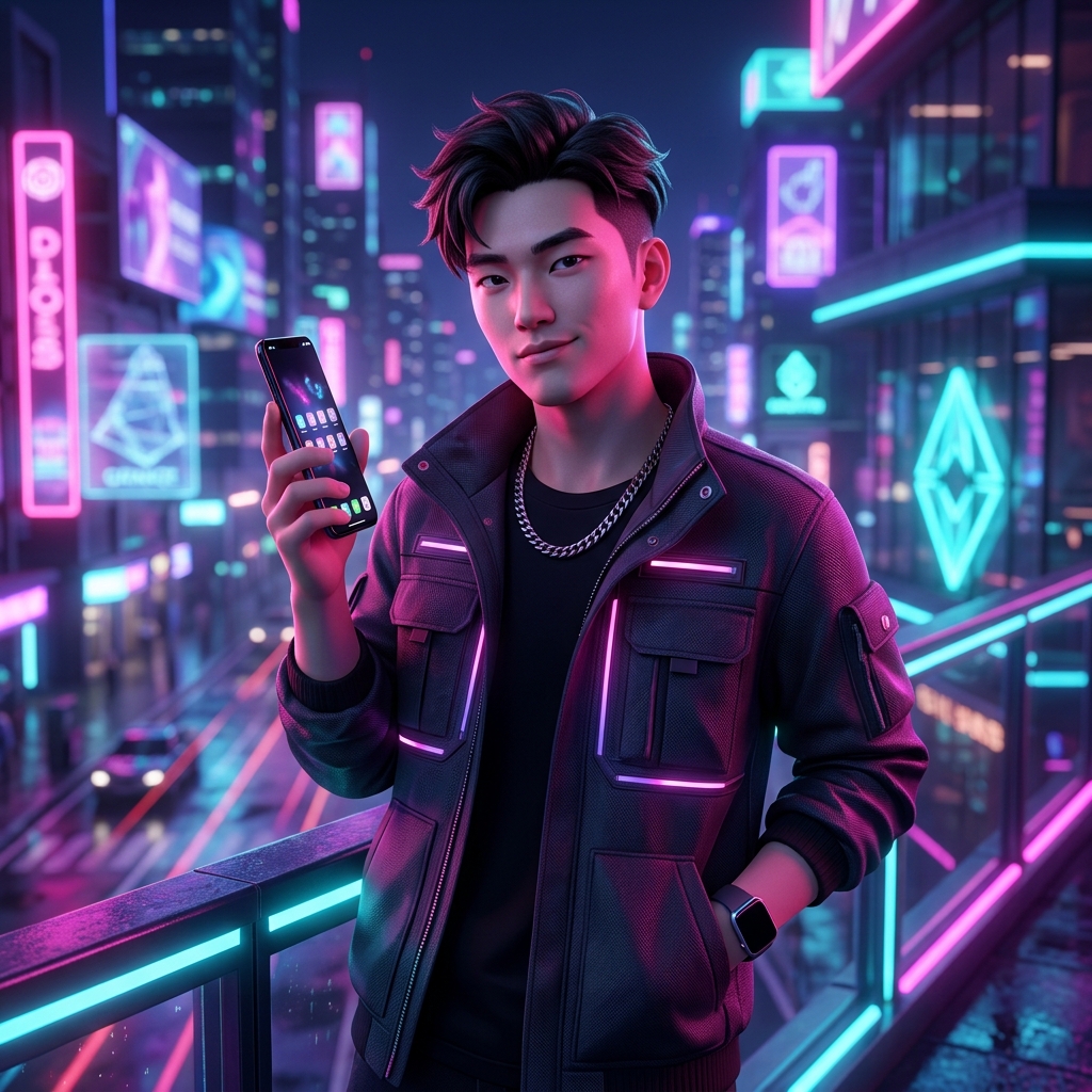 Young adult looking extremely confident while holding a smartphone in neon lighting