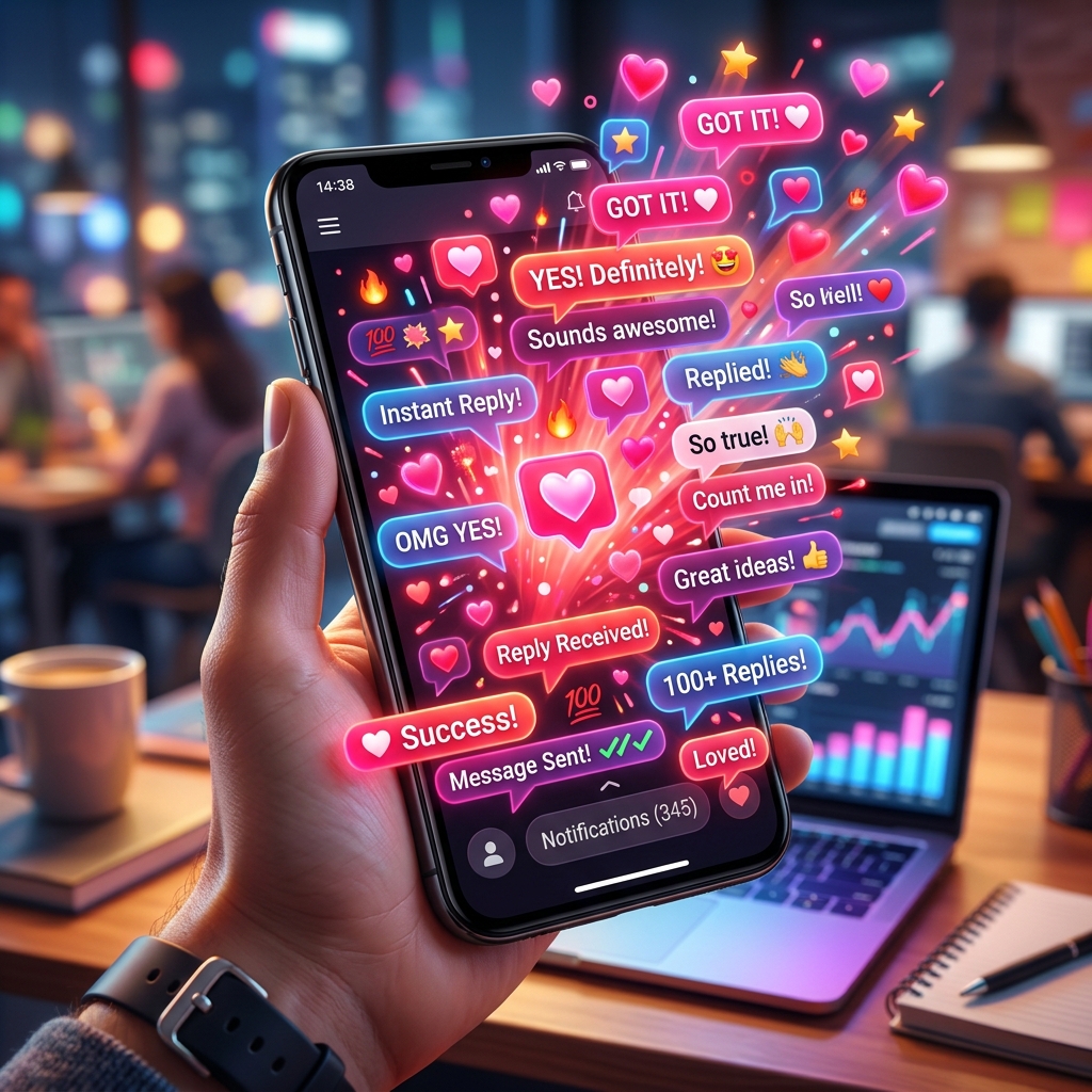 Dynamic 3D illustration of successful chat bubbles and hearts exploding from a smartphone