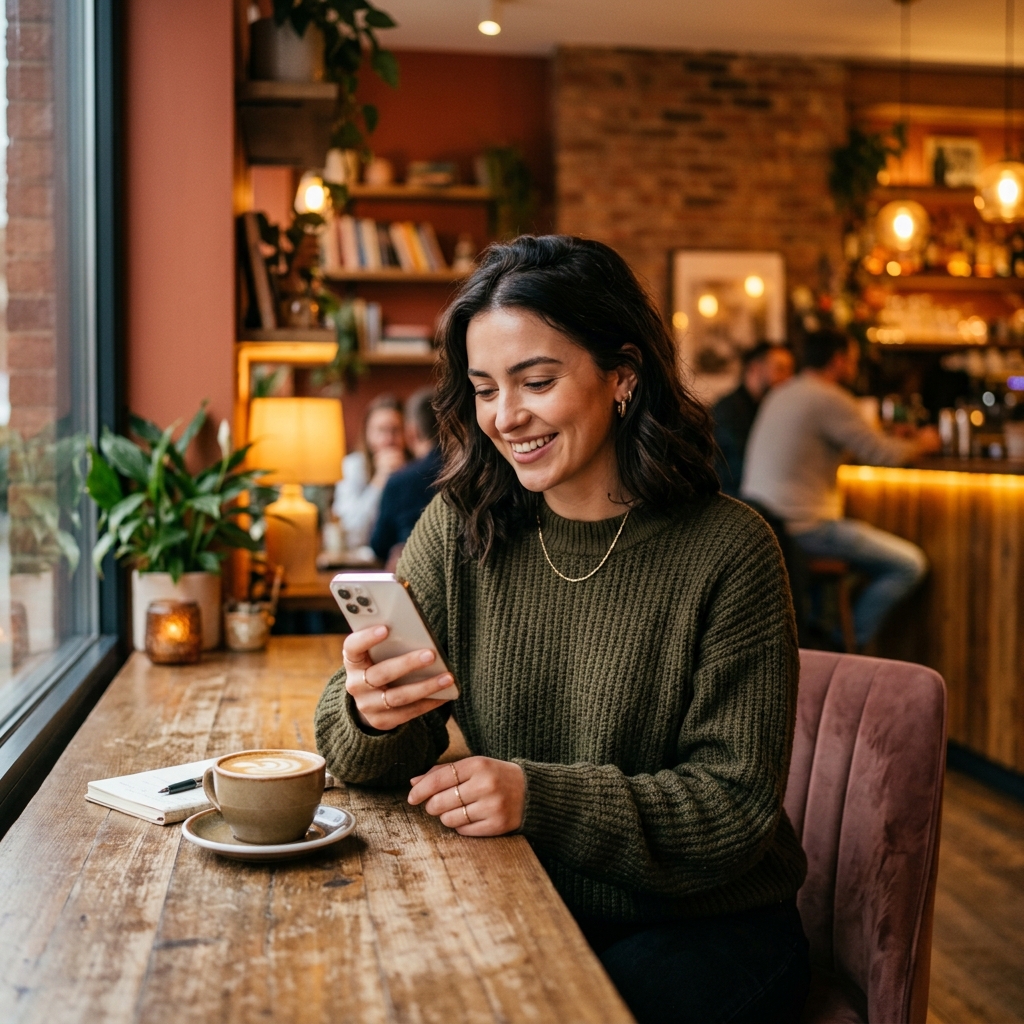 Premium lifestyle photo in a cozy cafe symbolizing dating conversations