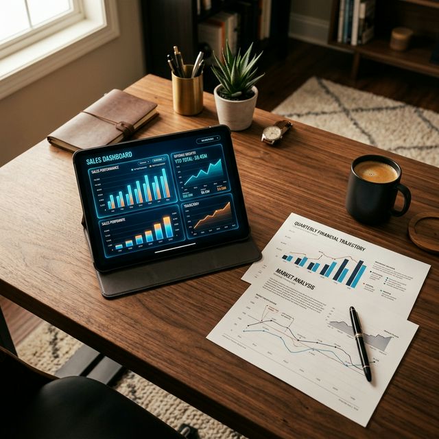 A cinematic view of financial charts and unit economics models glowing over an entrepreneur's desk — the visual metaphor of rigorous startup profitability analysis.