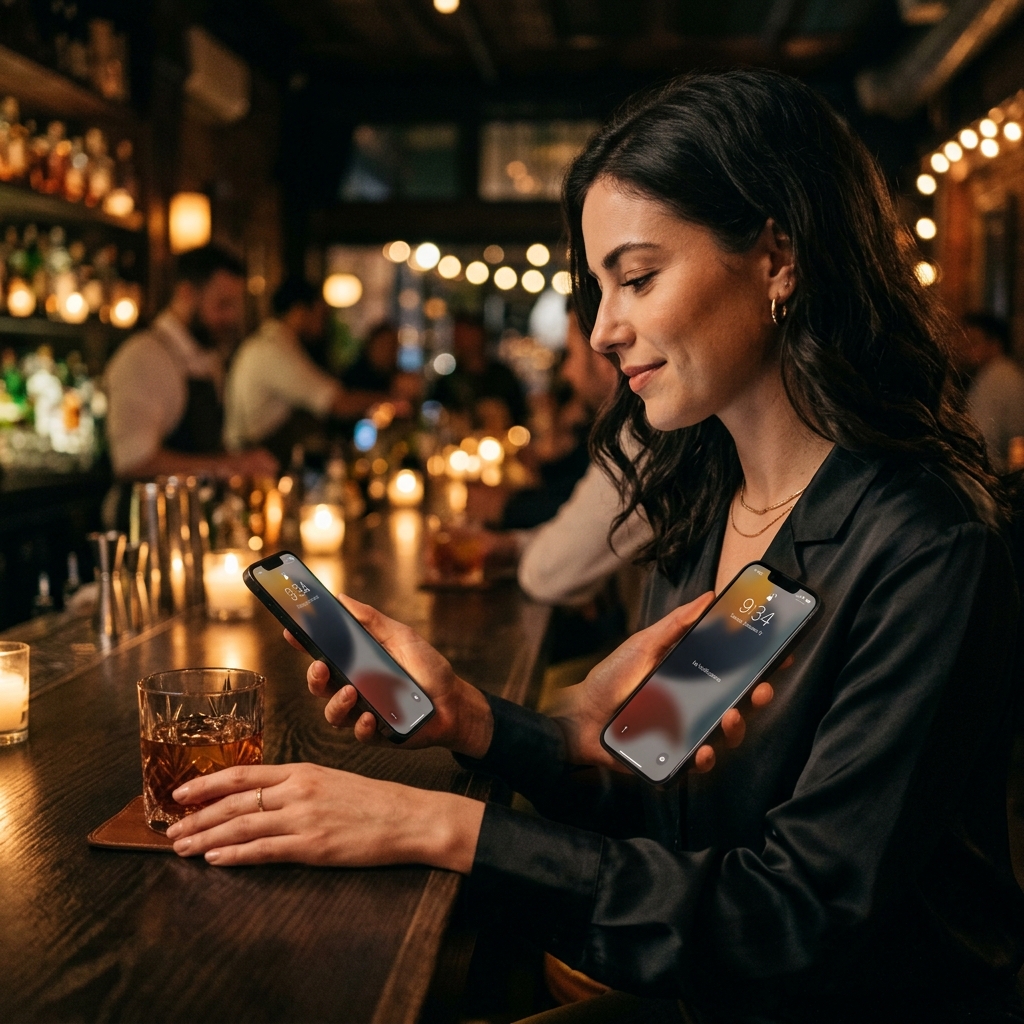 A person in a softly lit bar anticipating a first message on a smartphone