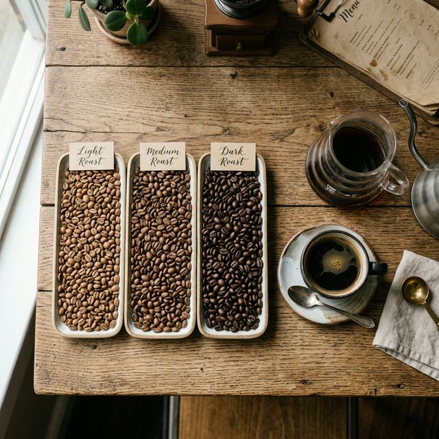 Different coffee beans sorted by roast level