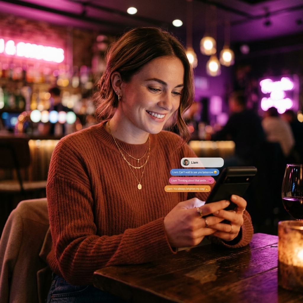 Woman smiling at her smartphone while texting at a modern bar