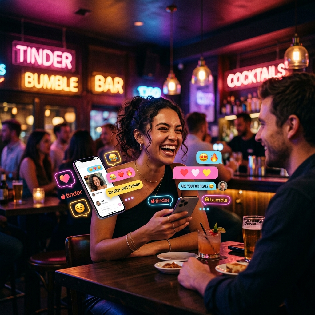 Couple laughing together on a date while looking at a smartphone