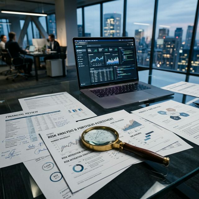 A cinematic view of an entrepreneur analyzing a glowing red risk profile hologram over a map.