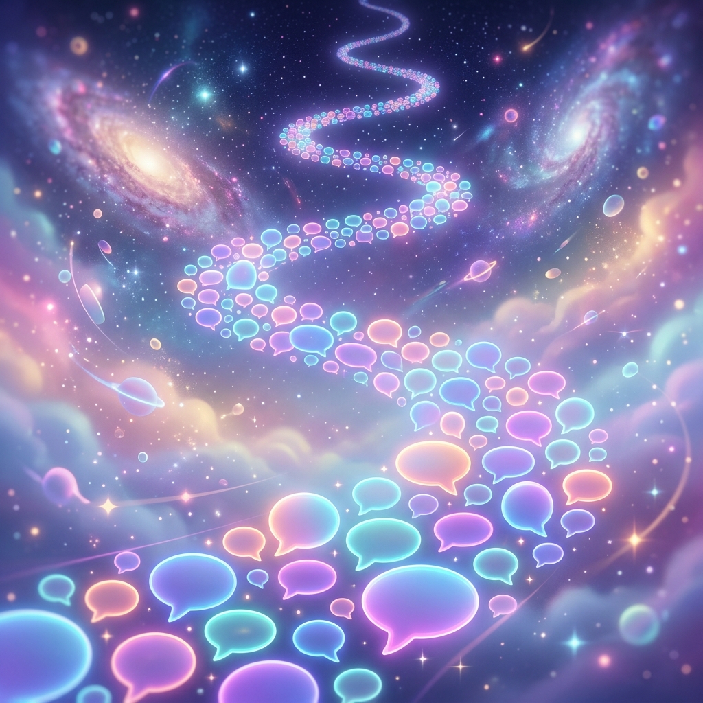 Infinite path of glowing chat bubbles winding upward symbolizing endless conversation