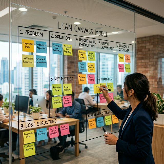 A cinematic view of an entrepreneur rapidly filling out a glowing digital Lean Canvas on a glass board.
