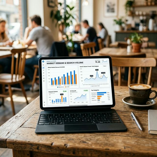 A cinematic digital illustration of an entrepreneur interpreting glowing market data and customer pain signals.