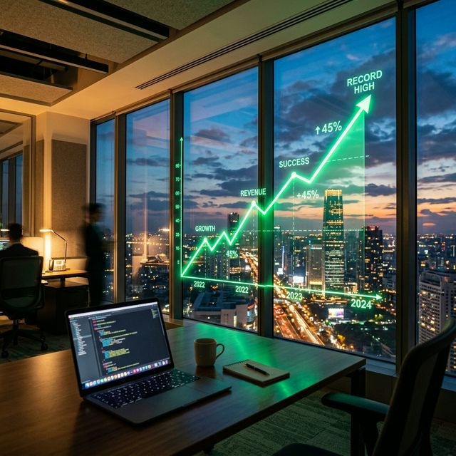 A cinematic glowing laptop screen with side hustle validation plans visible in the warm light of a home office — the visual of building something real quietly alongside a day job.