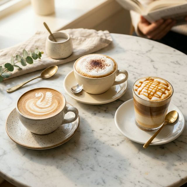 A latte, cappuccino, and macchiato on a marble table