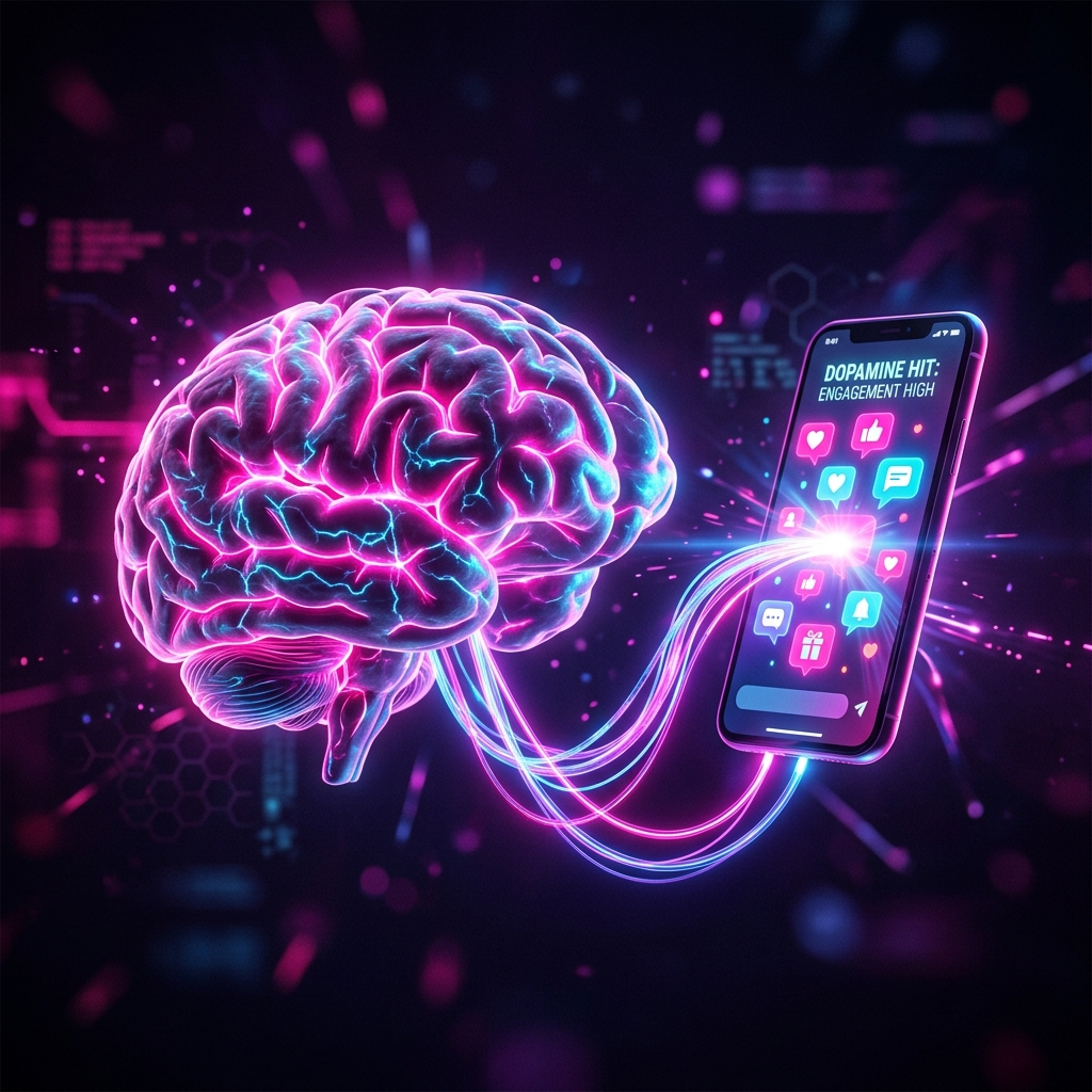 Glowing neon brain connected to a smartphone simulating dopamine pathways