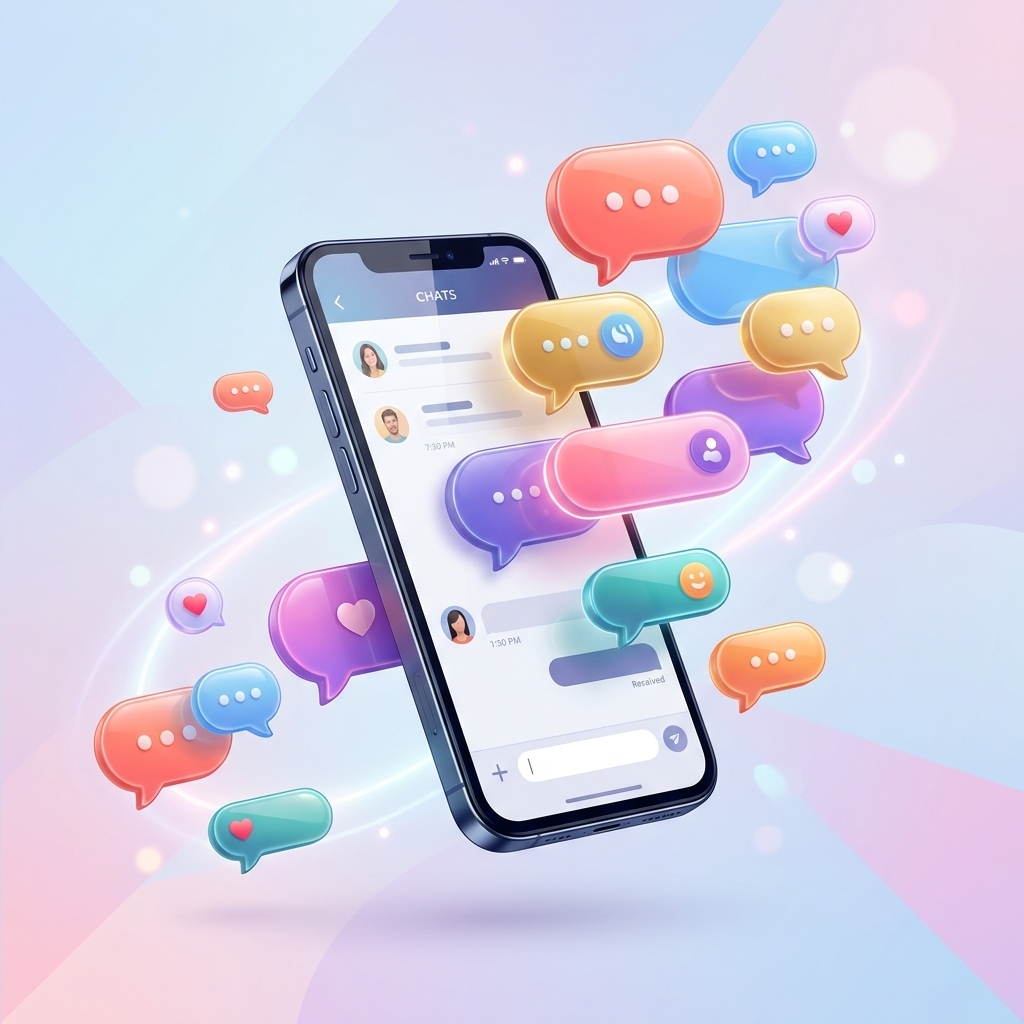 Modern 3D illustration of colorful chat bubbles floating elegantly around a smartphone