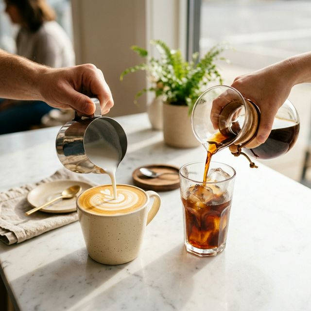 A smooth latte and cold brew being poured