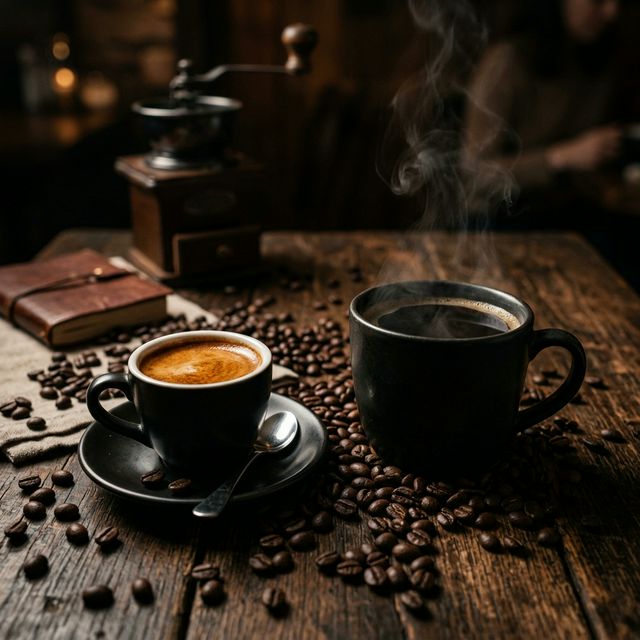 A dark demitasse of espresso and steaming black Americano