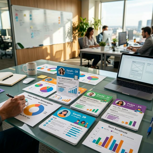 A cinematic view of an entrepreneur connecting dots on a glowing holographic map representing audience personas.