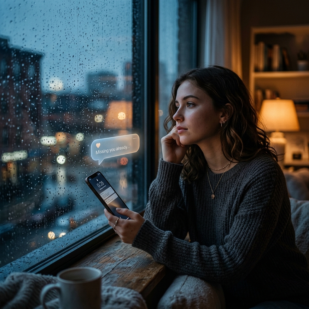 Young adult looking out a rainy window thoughtfully holding a smartphone