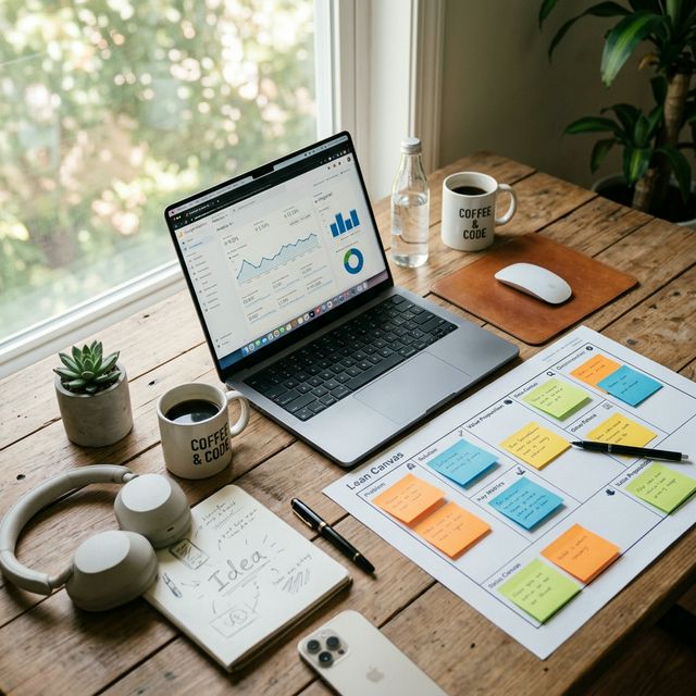 A notebook surrounded by scattered coffee cups, sticky notes, and a digital tablet, symbolizing a messy but focused creative brainstorming and validation session.