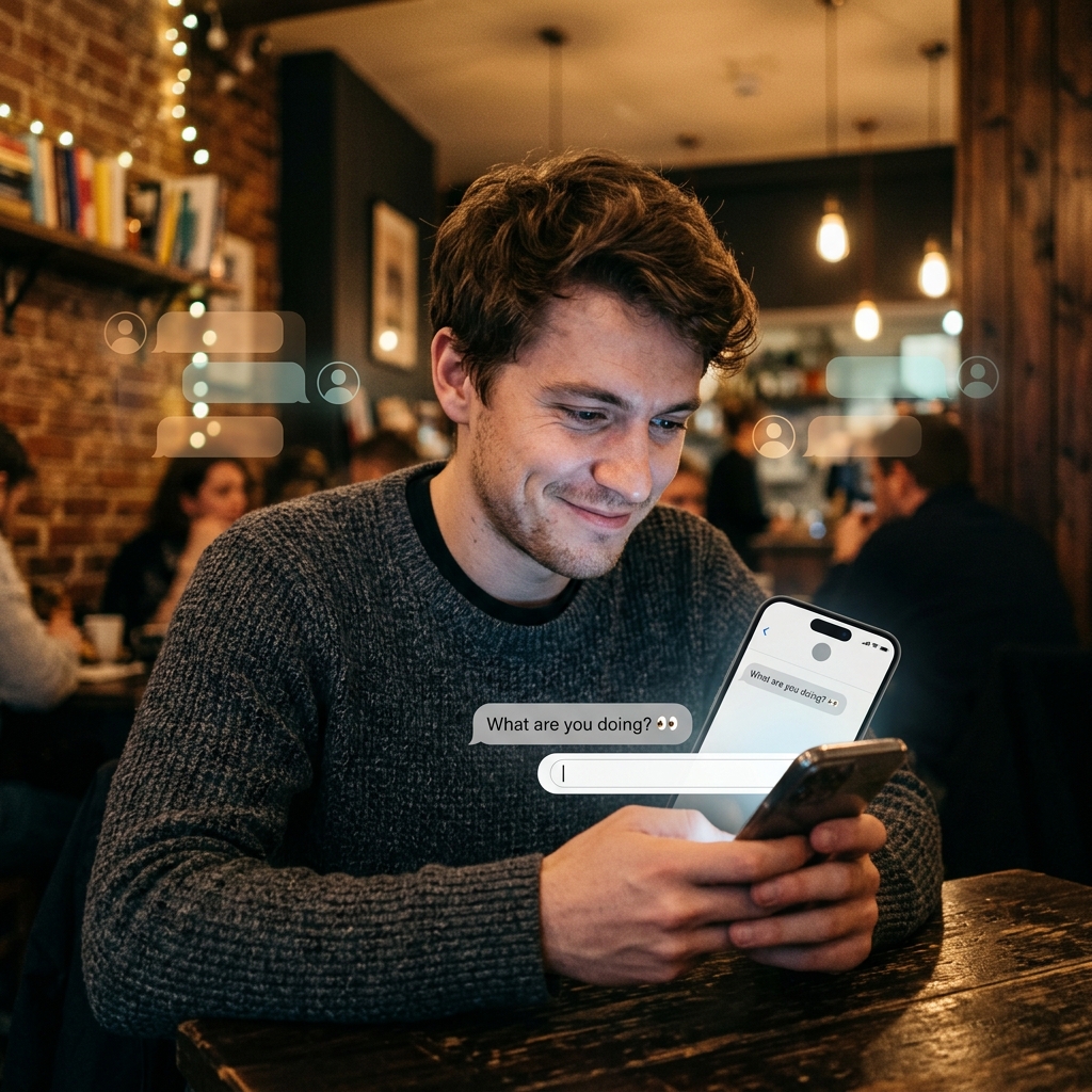 Young adult smirking at their smartphone in a cozy cafe