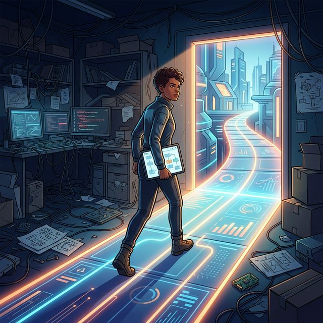 A cinematic digital illustration of a founder stepping from a dark, chaotic room onto a glowing, clearly structured execution path with numbered milestones.