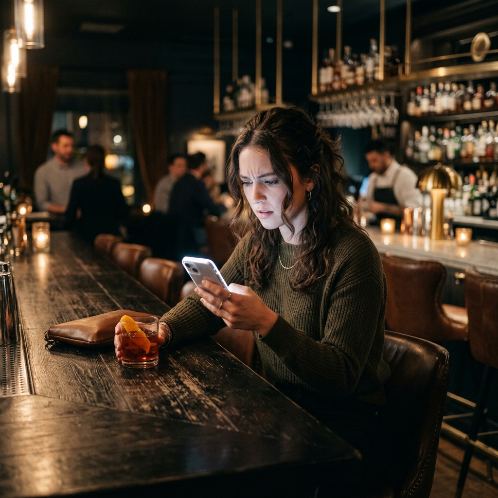 A puzzled person looking at their smartphone sitting alone in a moody bar