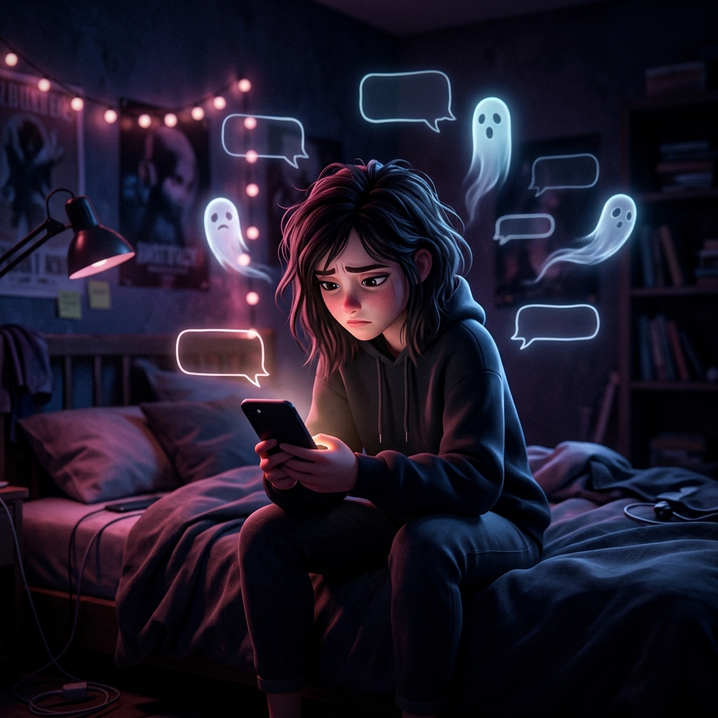 Disappointed person in a dimly lit room staring at a smartphone while digital ghosts float away