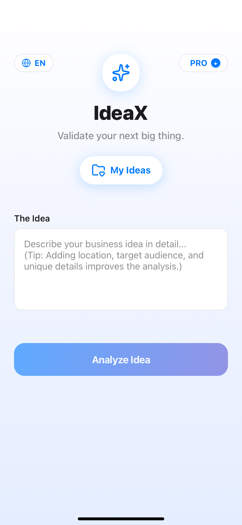 ideax business idea input screen