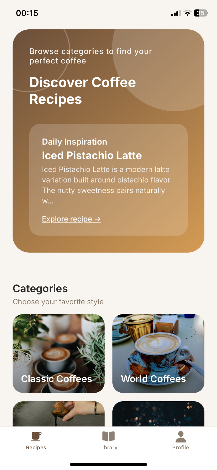 Telve discover coffee recipes screen